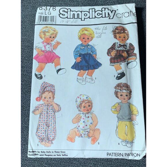 Simplicity 8376 Baby Doll Clothes Sewing Pattern LG 13-18" Wardrobe Set 80s - Picture 4 of 4